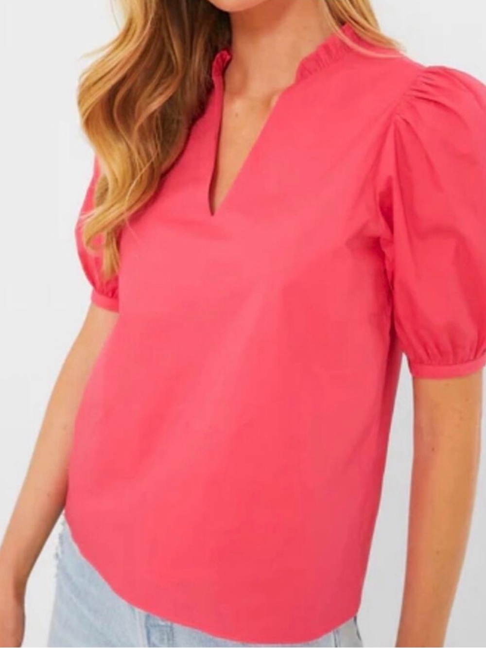Woven Coral Puff Sleeve Split-Neck Blouse